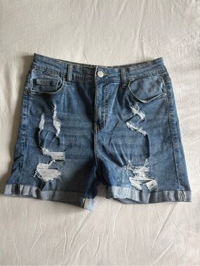 Women's Distressed Denim Shorts - Blue- Medium
